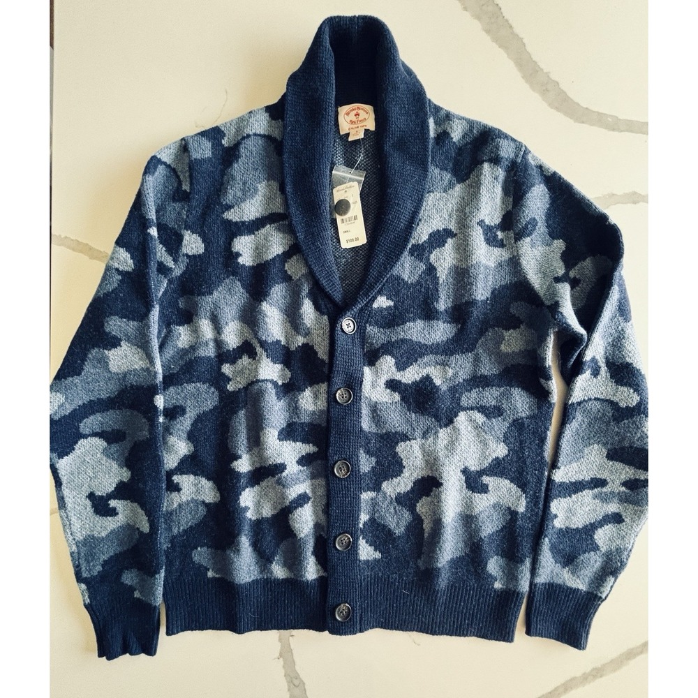 VTG Brooks Brothers Red Fleece Italian Cardigan Mens Shawl Collar Camo Blue NWT